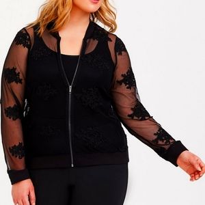 Plus Size sheer bomber jacket with applique flowers